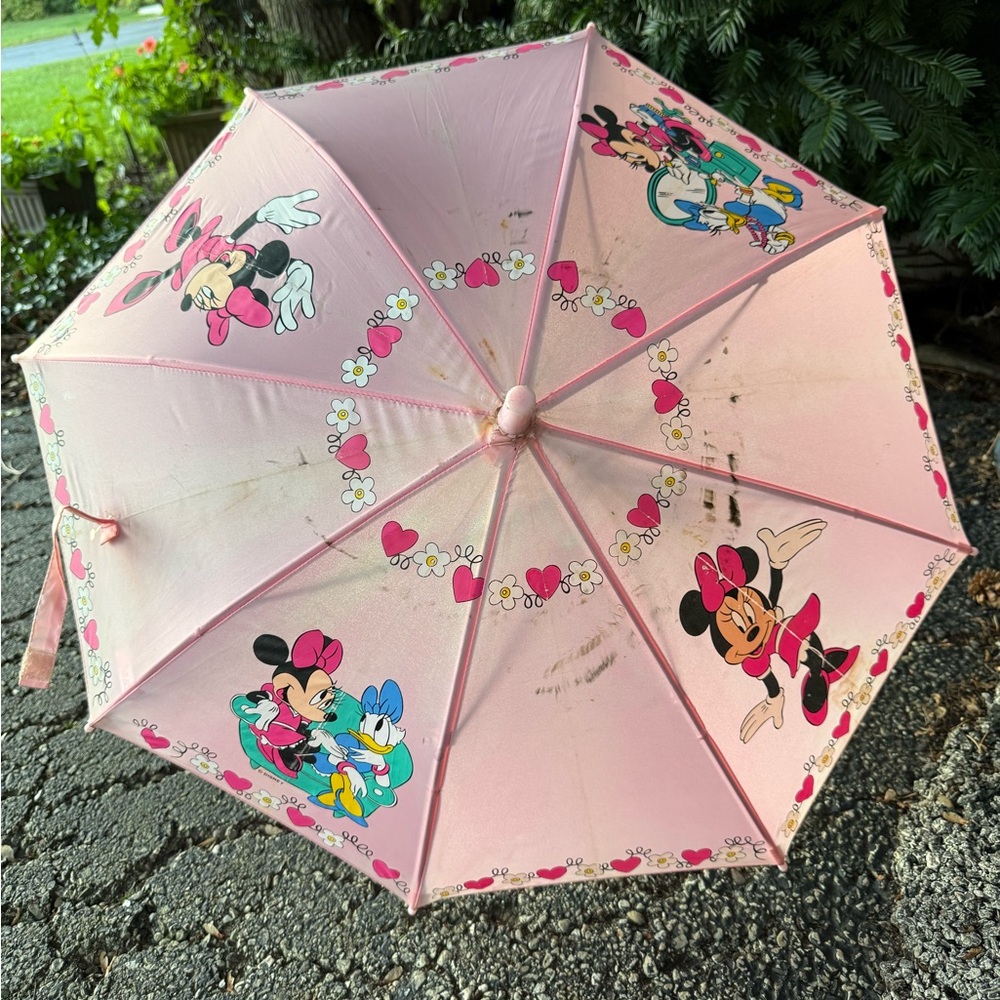 Disney Minnie Mouse Pink Umbrella Kids Rain Gear Hearts Flowers